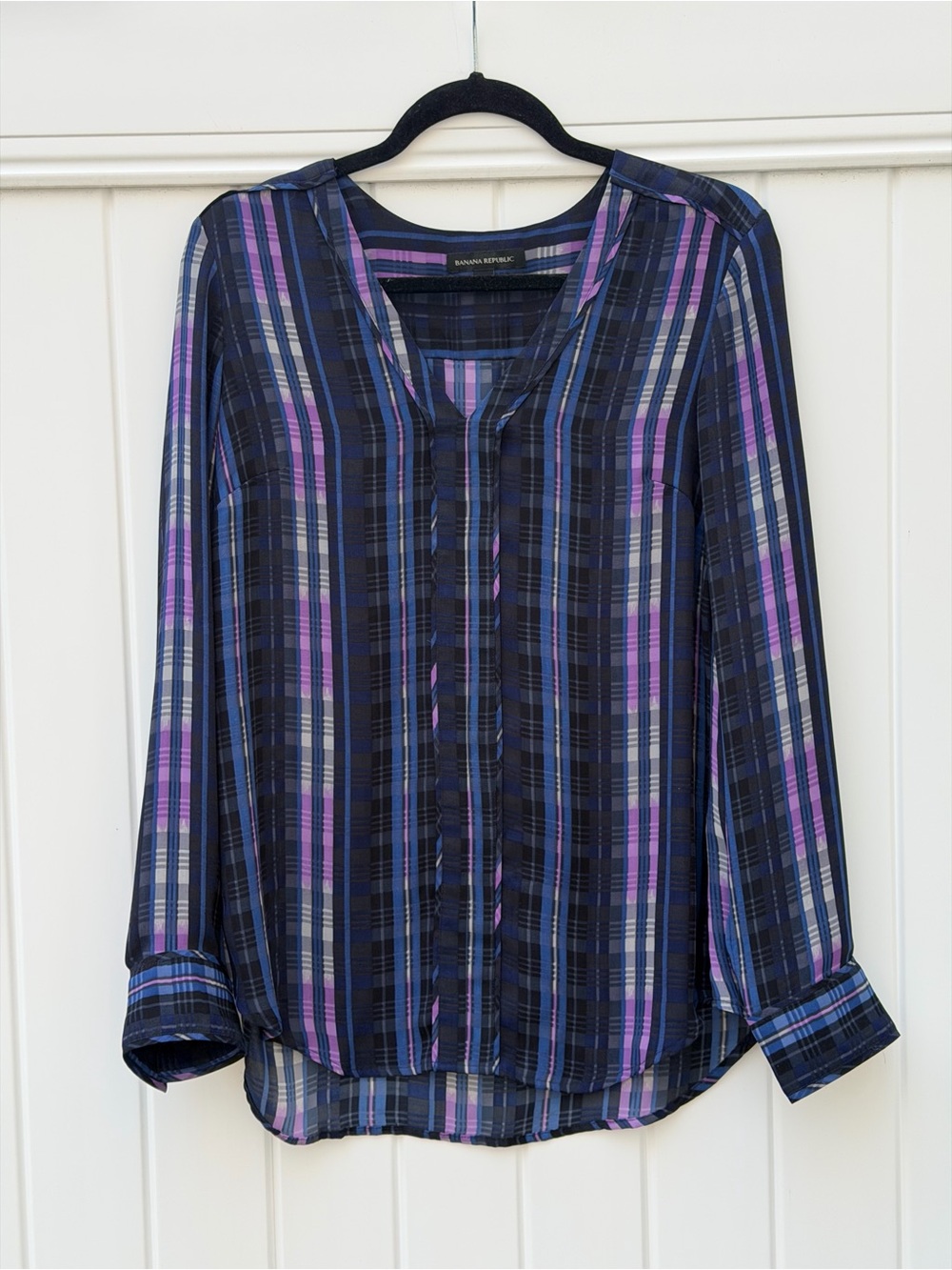 Banana Republic Navy Plaid Semi-Sheer Blouse with Purple Stripes- Medium